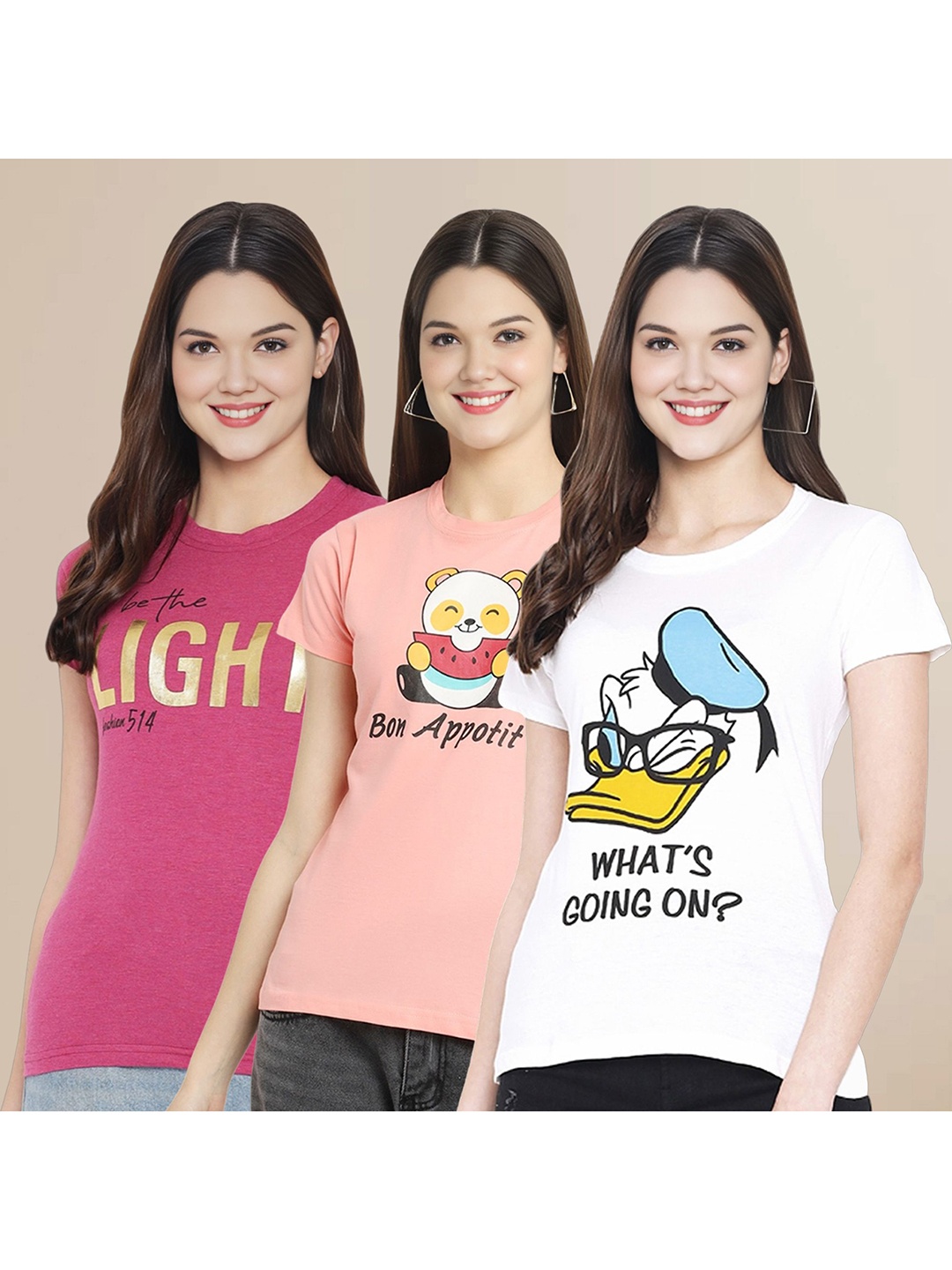 

Metronaut Women Pack Of 3 Typography Printed Round Neck Cotton Donald Duck T-shirts, White