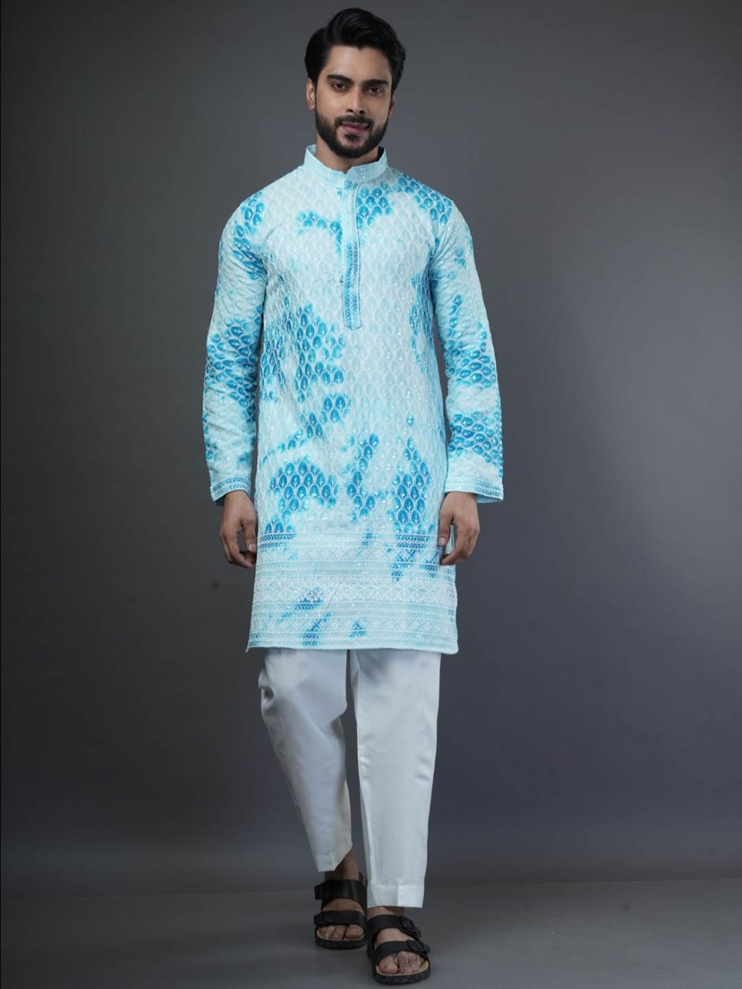 

ARYA Mandarin Collar Embellished Thread Work Straight Kurta, Blue