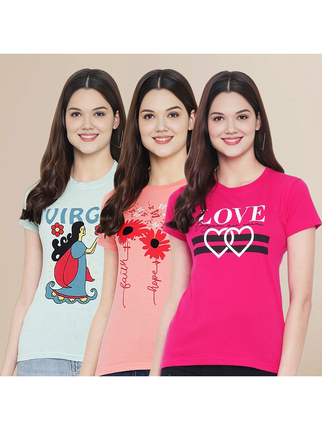 

Metronaut Women Pack Of 3 Typography Printed Round Neck Cotton T-shirts, Sea green