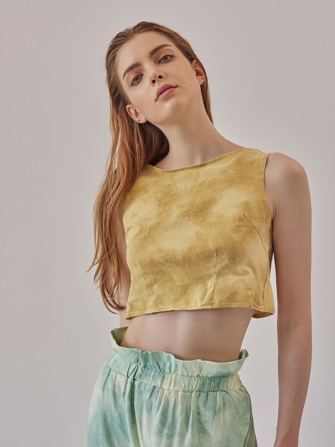 

LULU & SKY Women Tie and Dye Printed Crop Top, Mustard