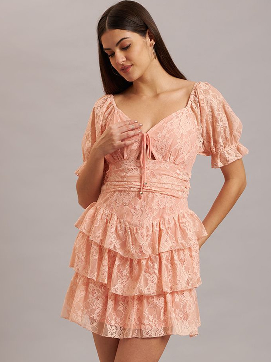 

Eavan Self Design Ruffles Sweetheart Neck Puff Sleeves Mini Dress, Peach