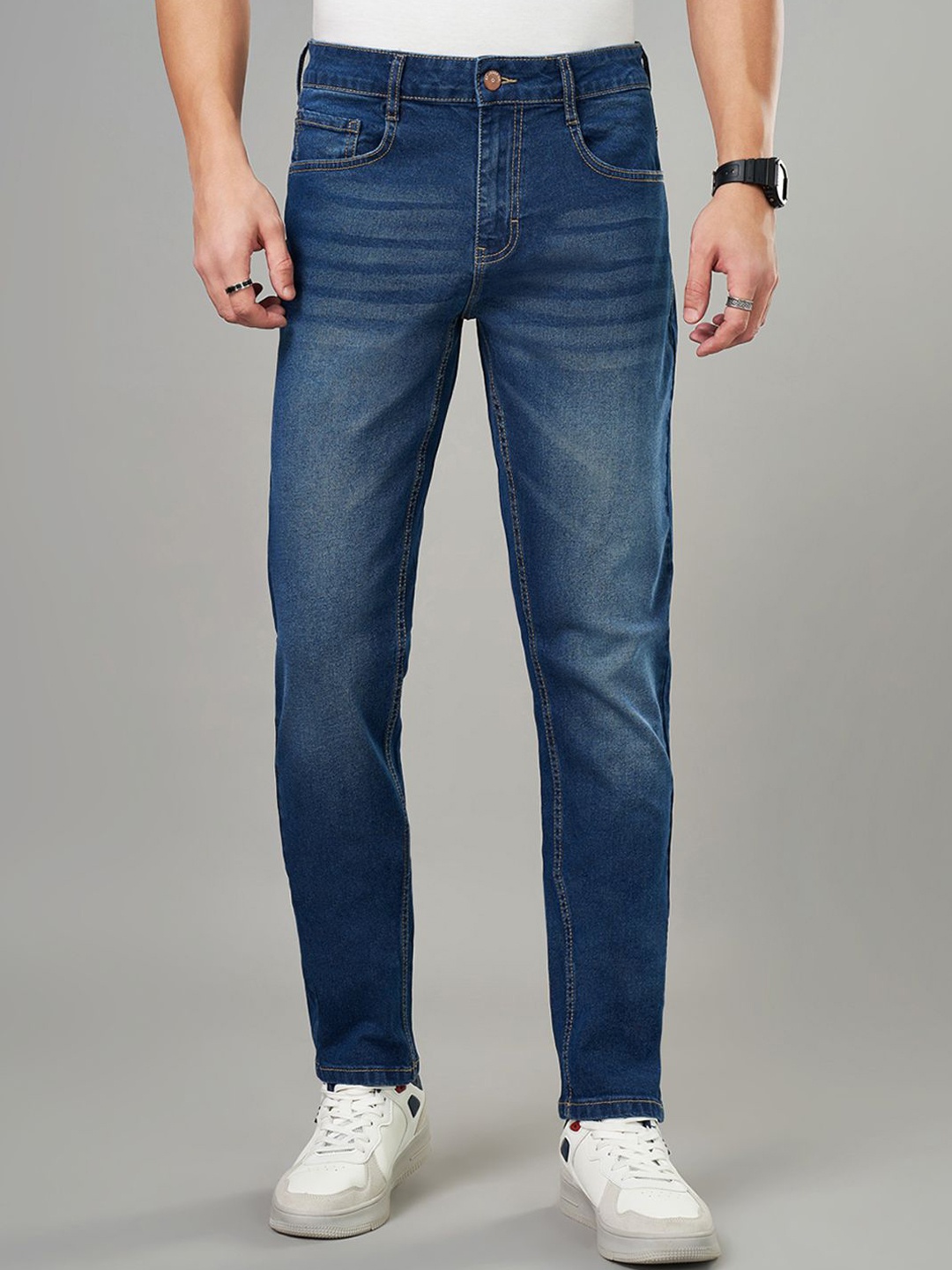 

SF JEANS by Pantaloons Men Tapered Cotton Fit Low Distress Light Fade Jeans, Blue