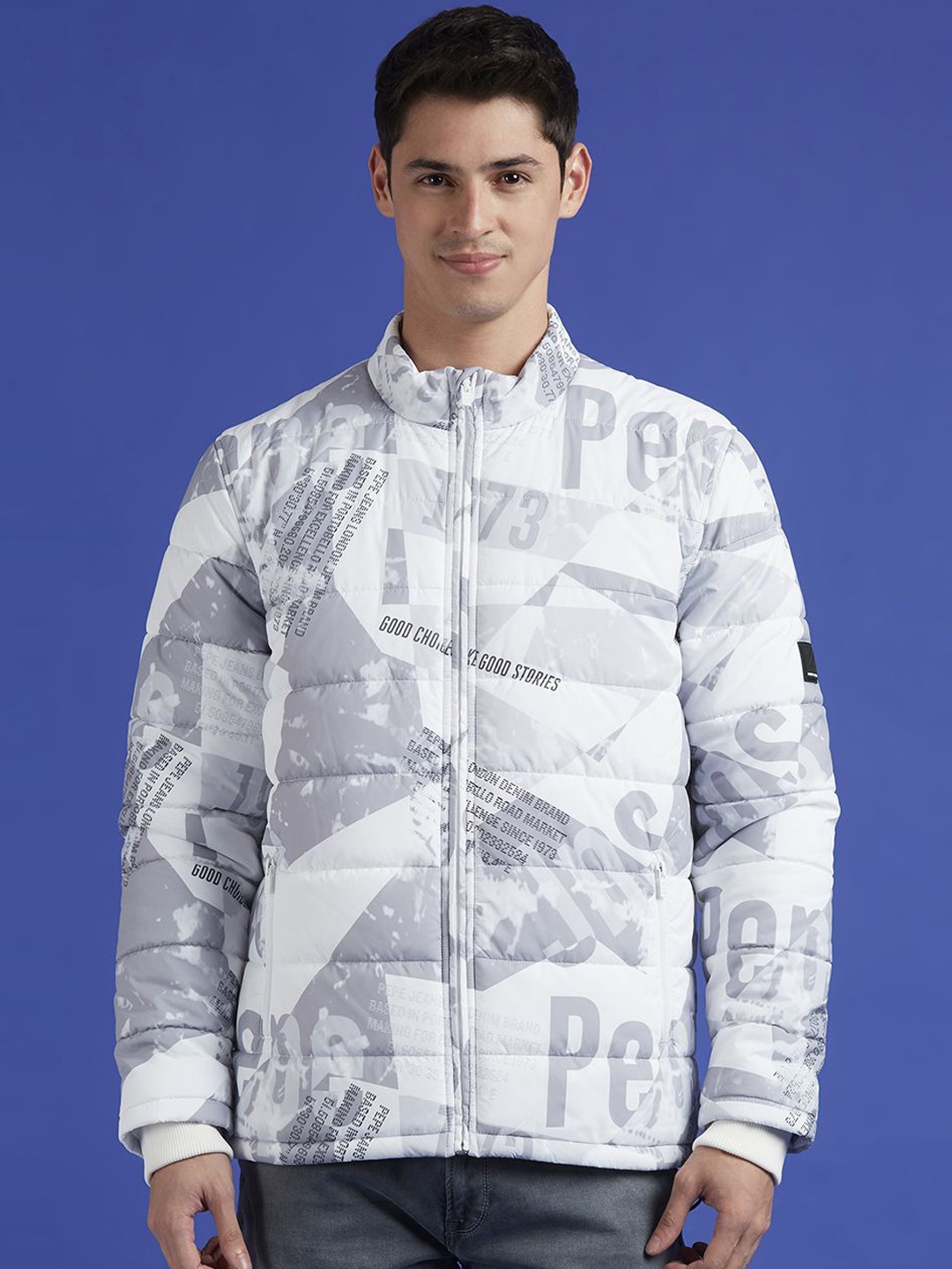 

Pepe Jeans Men Mock Collar Abstract Printed Casual Padded Jacket, Grey
