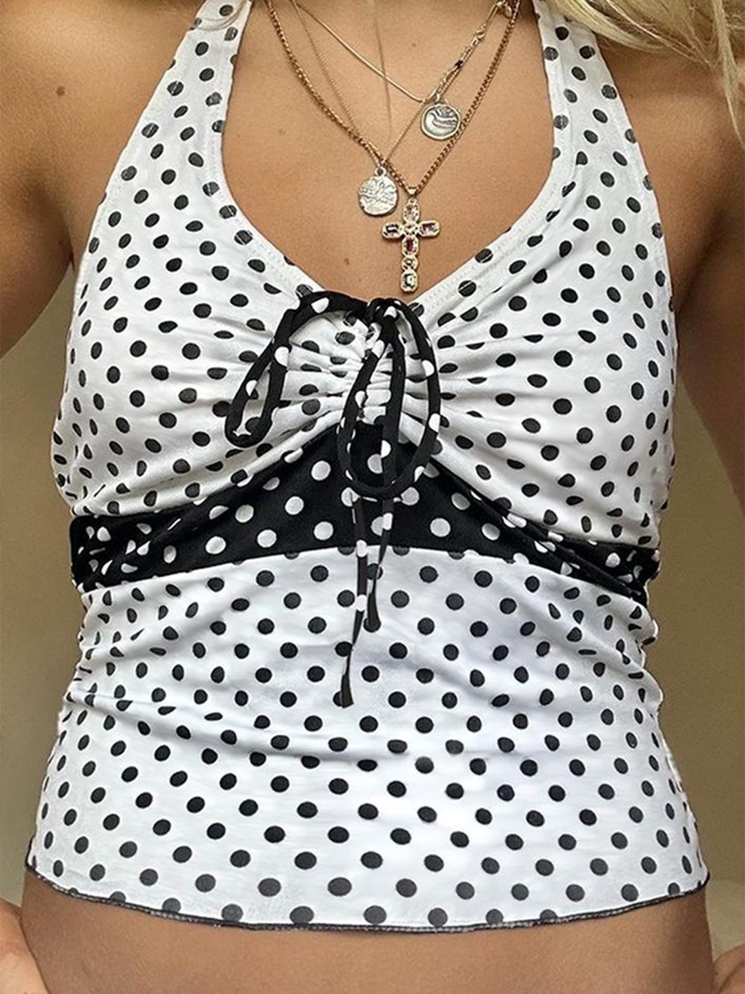 

LULU & SKY Women Polka Dot Printed Halter Neck Top, White