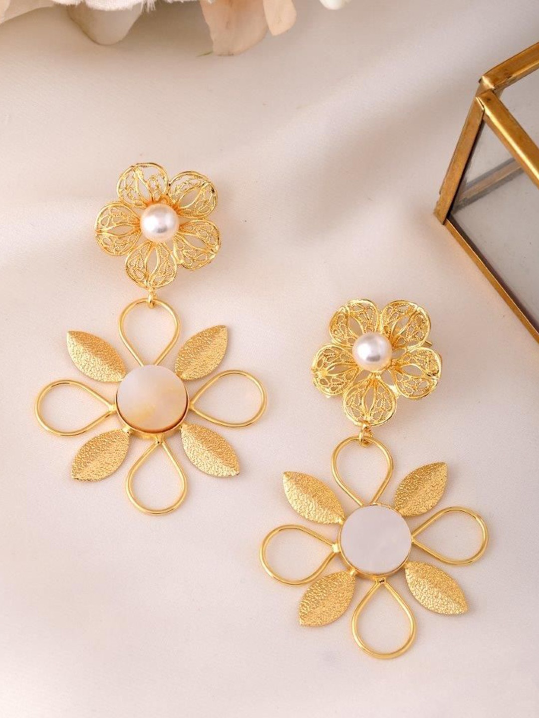 

VOJ Gold-Plated Stainless Steel Pearls & Studded Flower Shaped Drop Earrings
