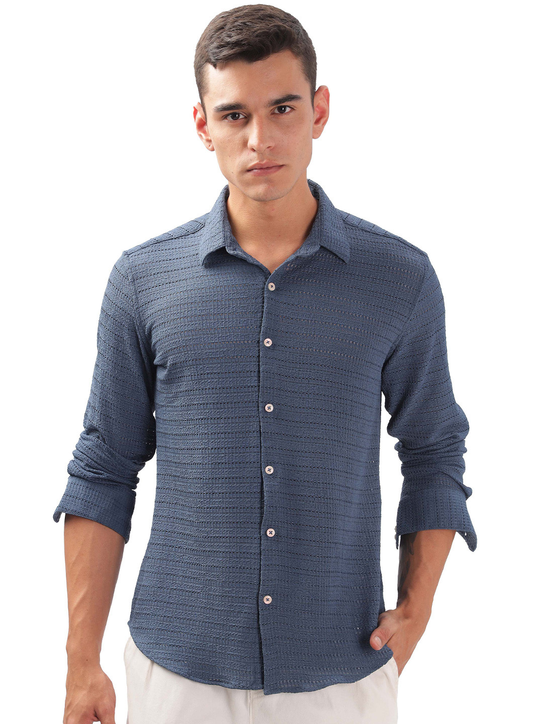 

ilyzly Men Standard Spread Collar Solid Cotton Casual Shirt, Navy blue