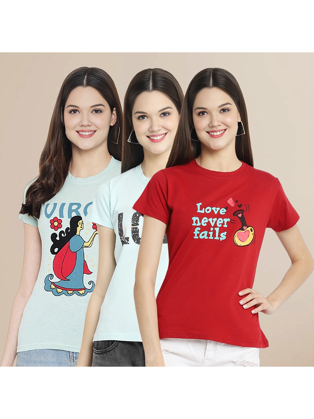

Metronaut Women Pack Of 3 Typography Printed Round Neck Cotton T-shirts, Sea green