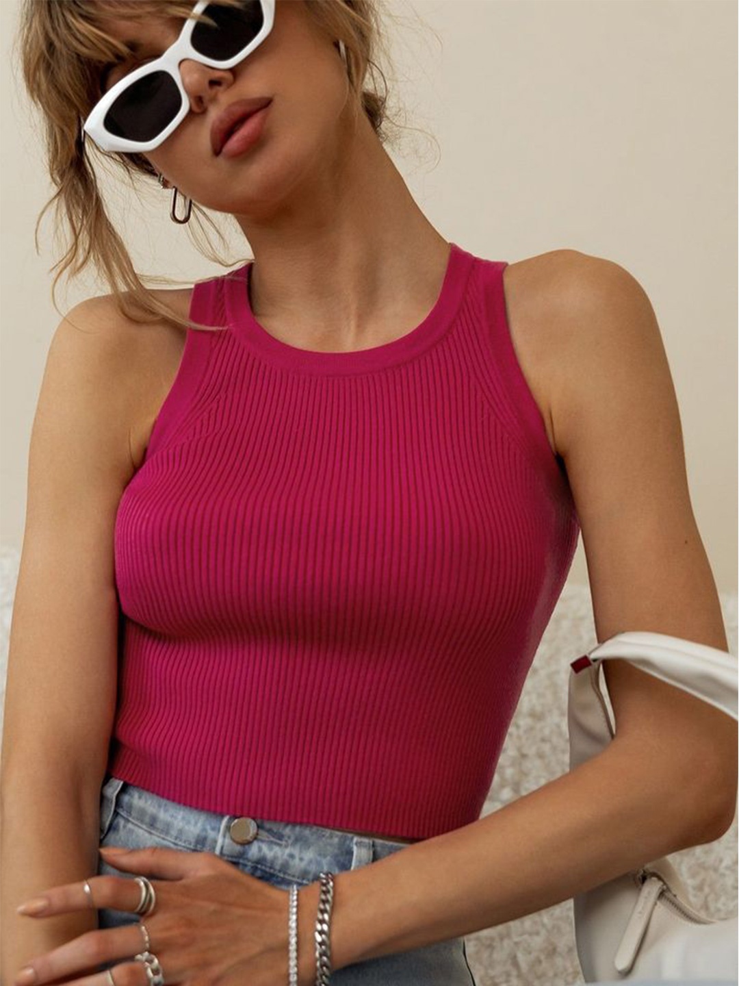 

LULU & SKY Women Ribbed Fitted Tank Top, Magenta