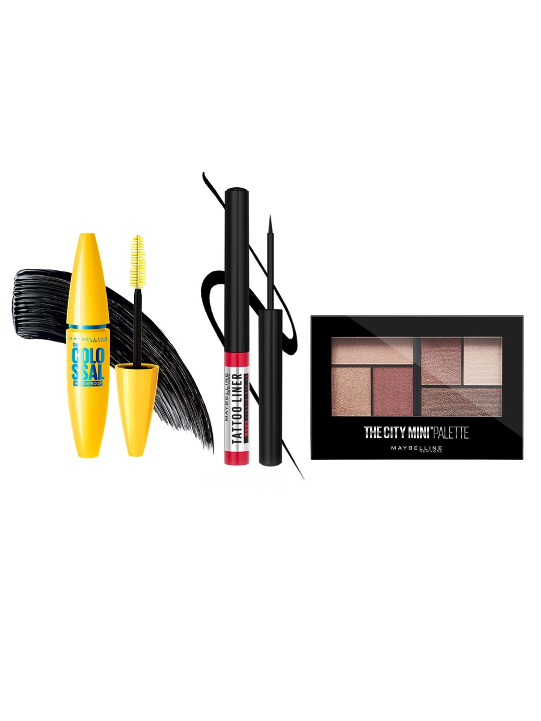 

Maybelline Eye Liner 2.1ml - Black & Waterproof Mascara - 10g - Black & Eye Shadow Palette, Pink