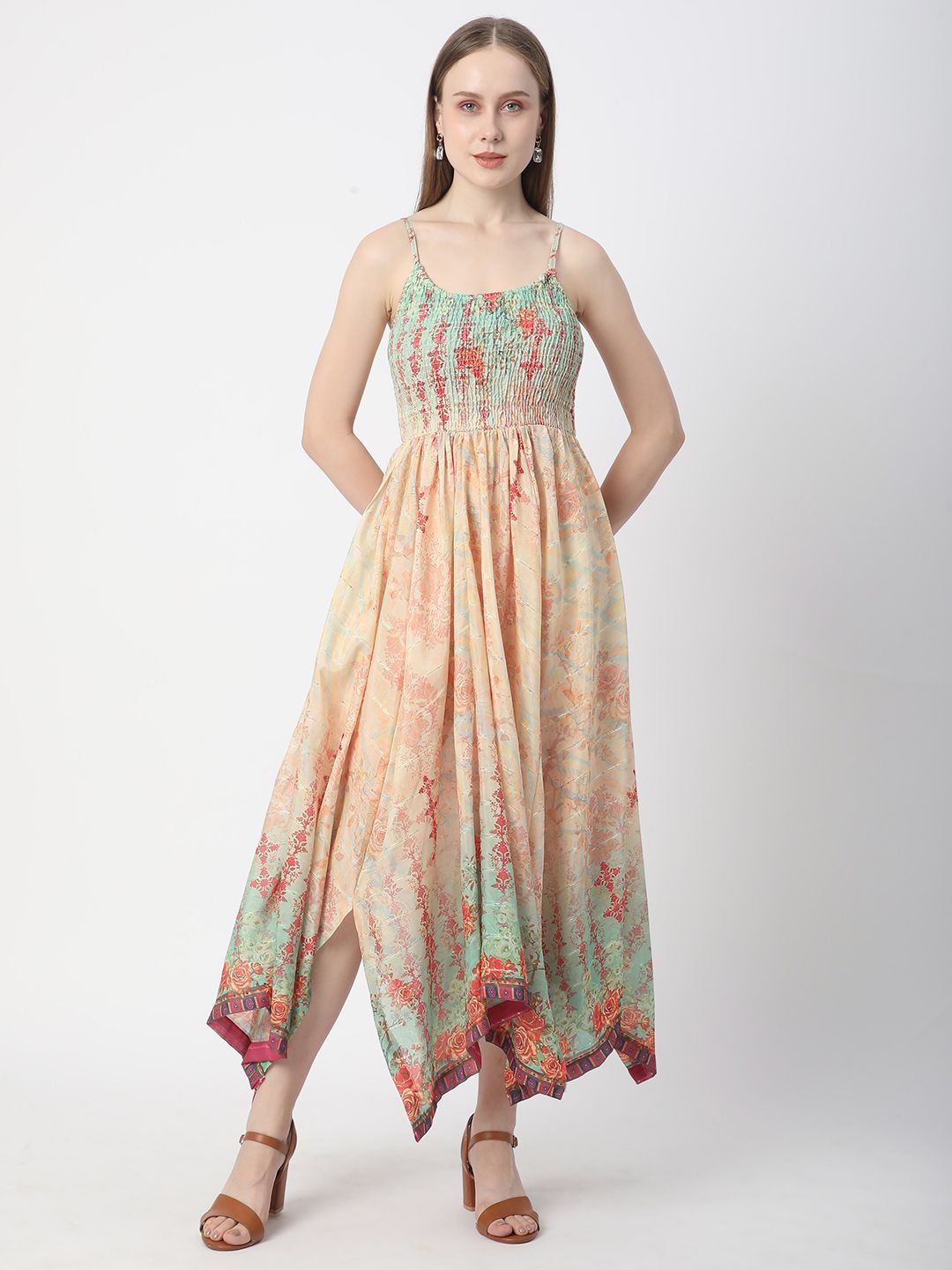

R&B Women Floral Printed Fit & Flare Maxi Dress, Beige