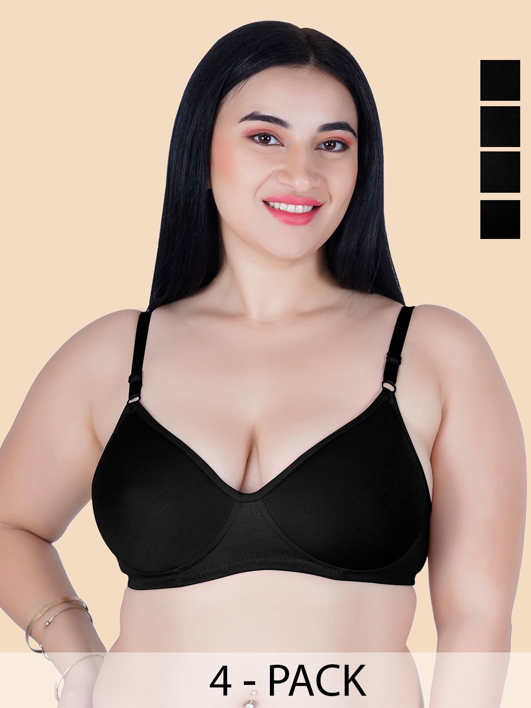 

KOMLI Women Pack of 4 Cotton Full Coverage Lightly Padded Bra, Black