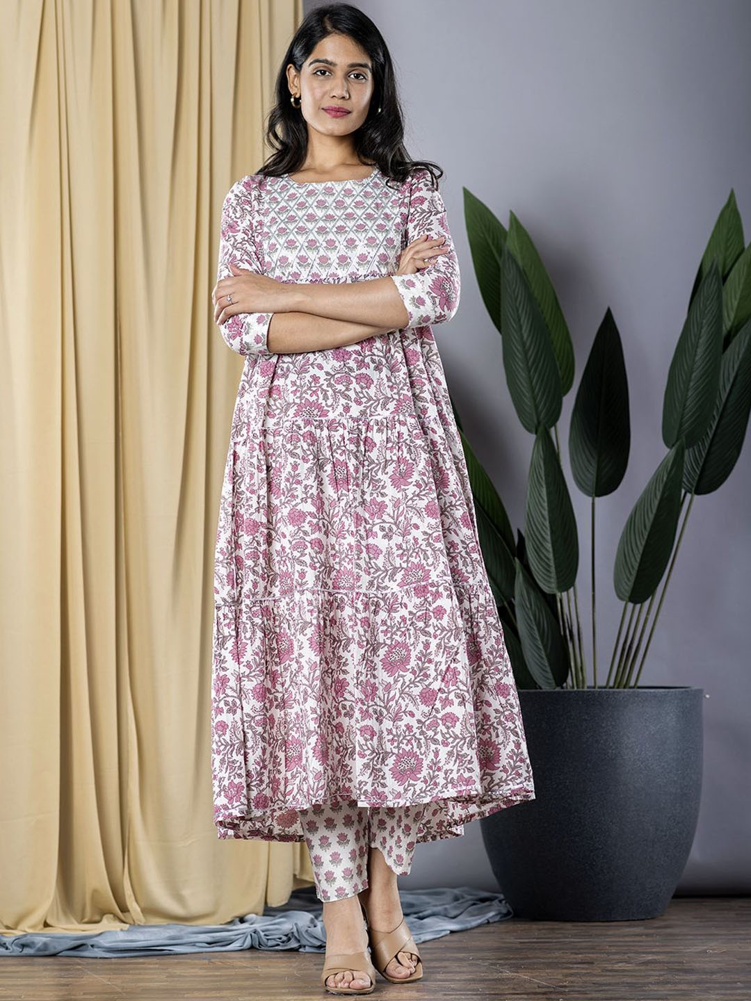

KALINI Floral Printed Round Neck Pure Cotton Anarkali Kurta With Trousers, Purple