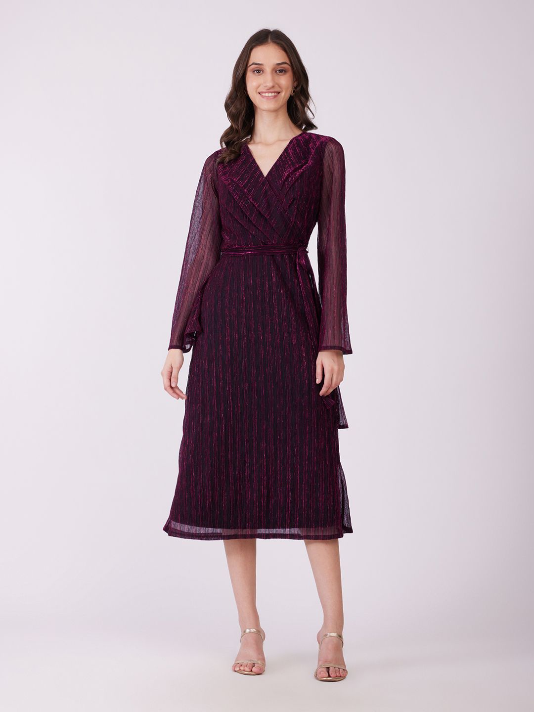 

FableStreet Women Striped Wrap Midi Dress, Pink