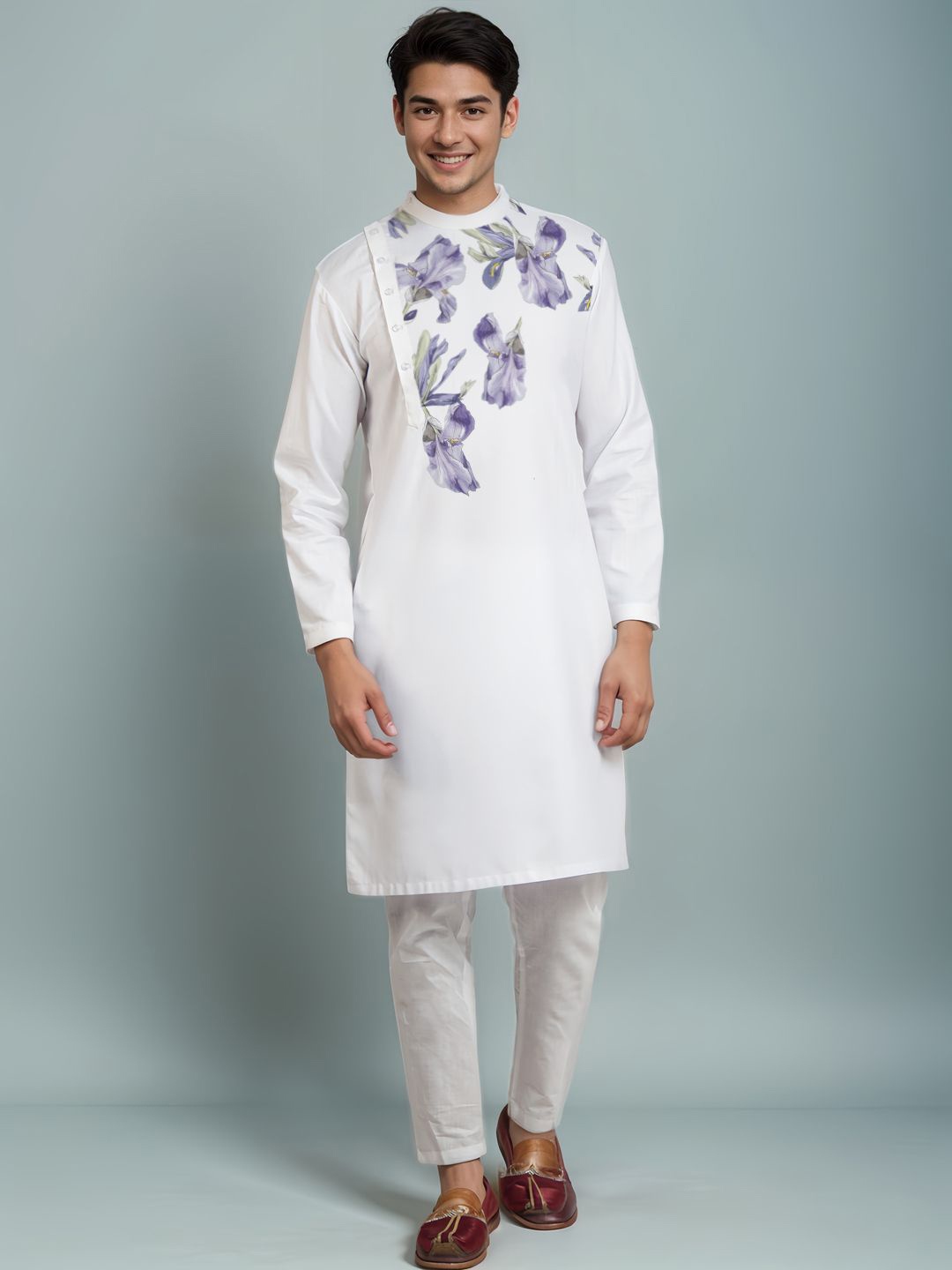 

DEVOILER Floral Printed Mandarin Collar Cotton Straight Kurta, White