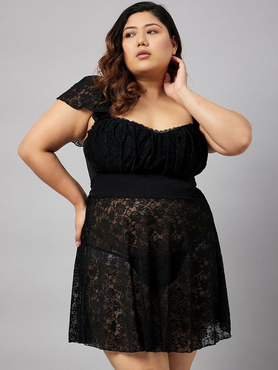 

Curves By ZeroKaata Women Plus Size Self Design Lace Baby Doll With Thong Brief, Black