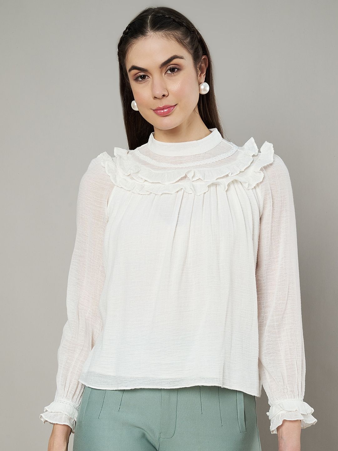 

Amagyaa Women Pure Cotton High Neck Puff Sleeves Top, White