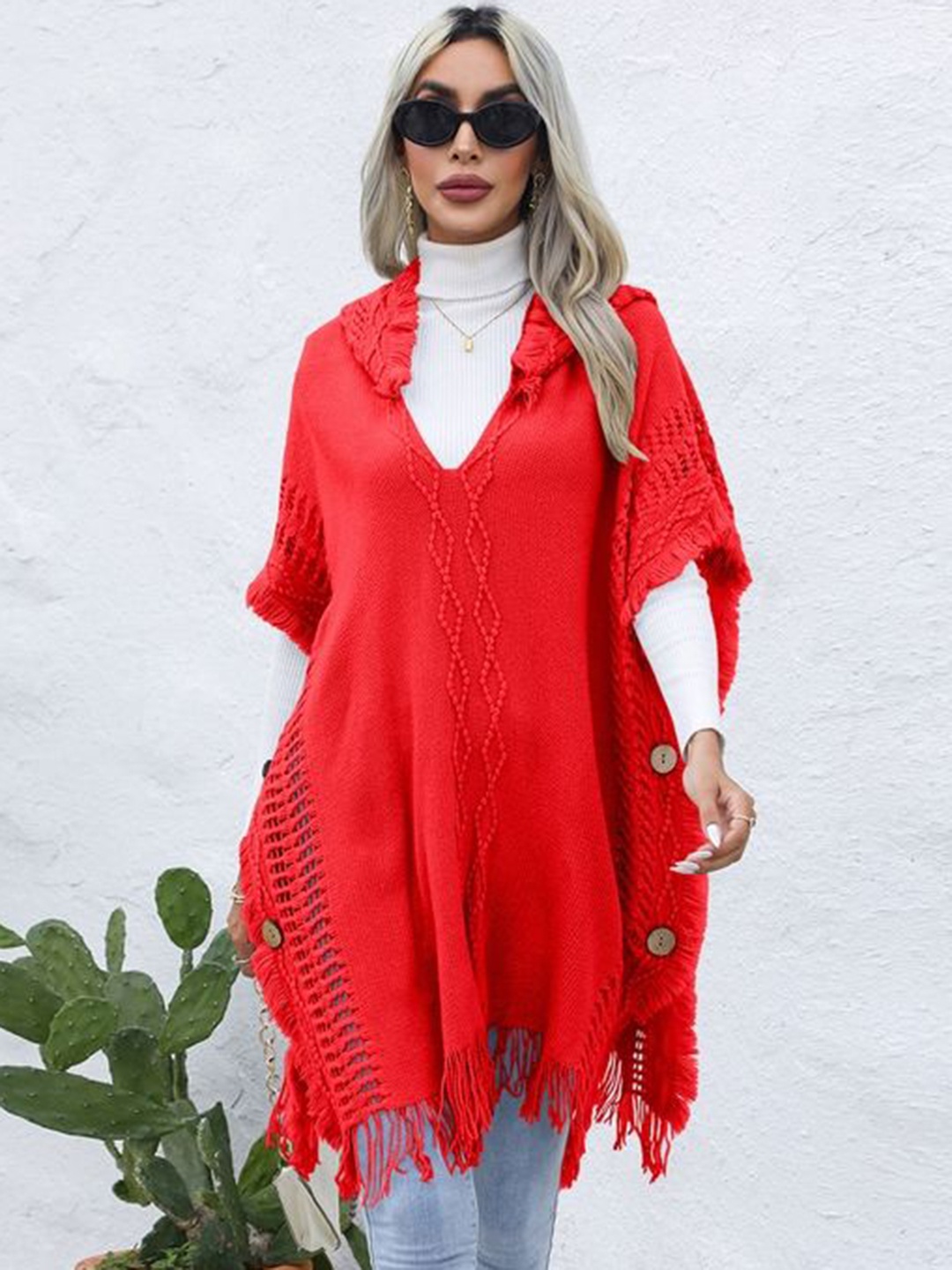 

LULU & SKY Women Longline Self Design Hooded Short Sleeves Casual Poncho, Red
