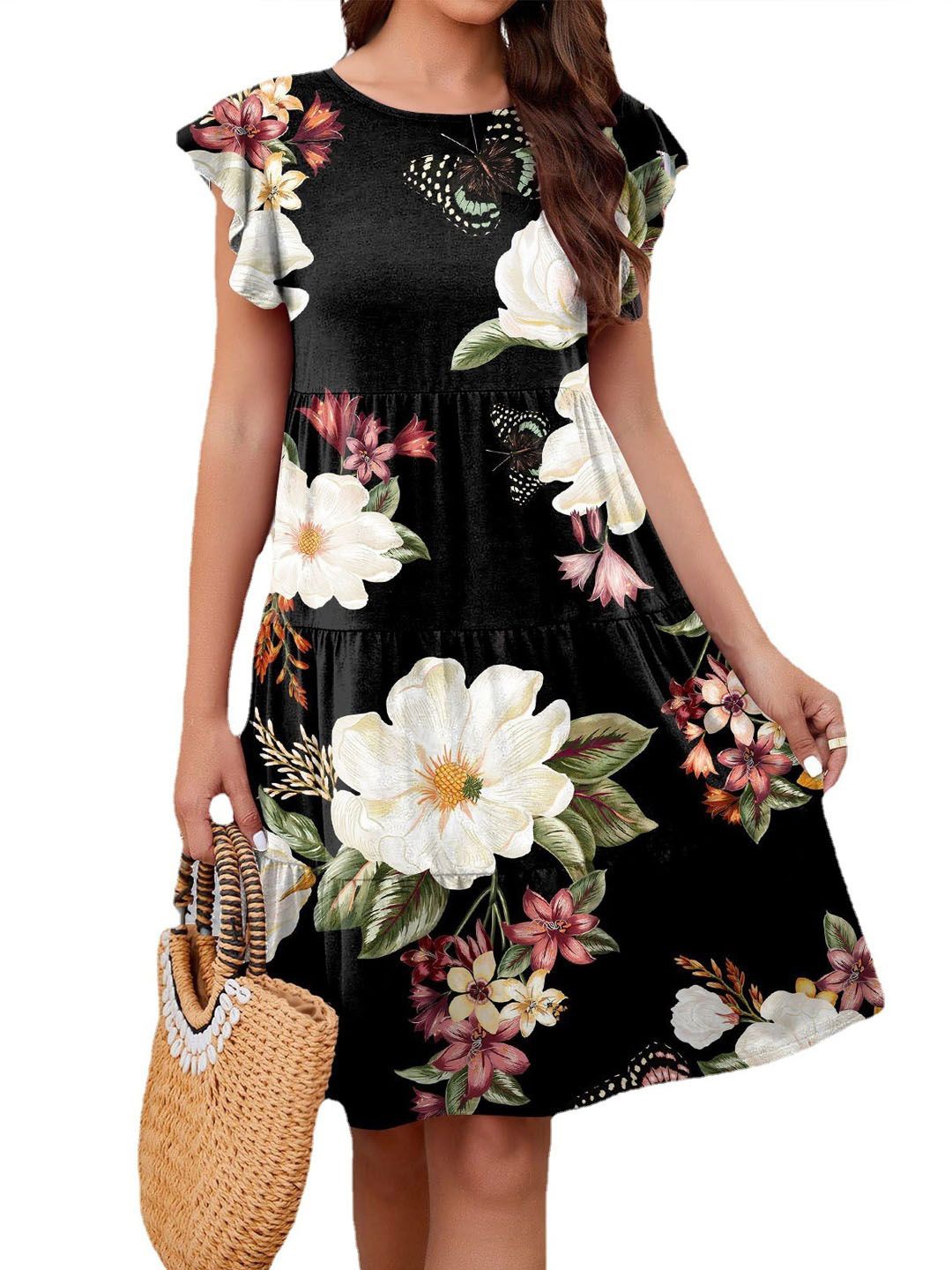 

StyleCast Women Floral Print Short Sleeves A-Line Dress, Black