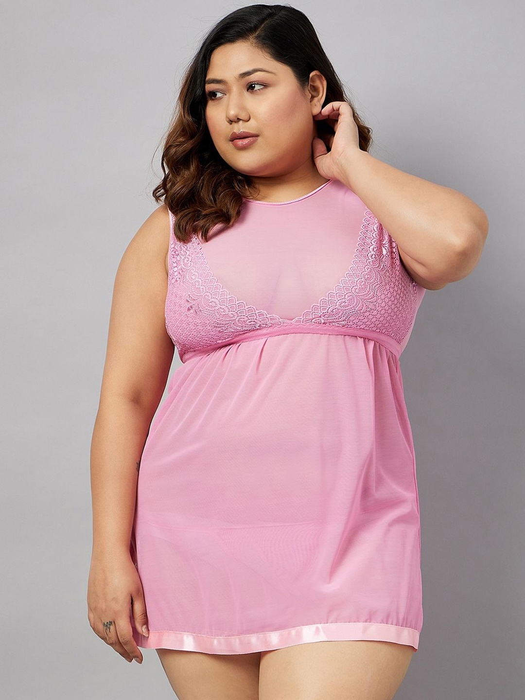 

Curves By ZeroKaata Women Plus Size Self Design Lace Baby Doll With Thong Briefs, Pink
