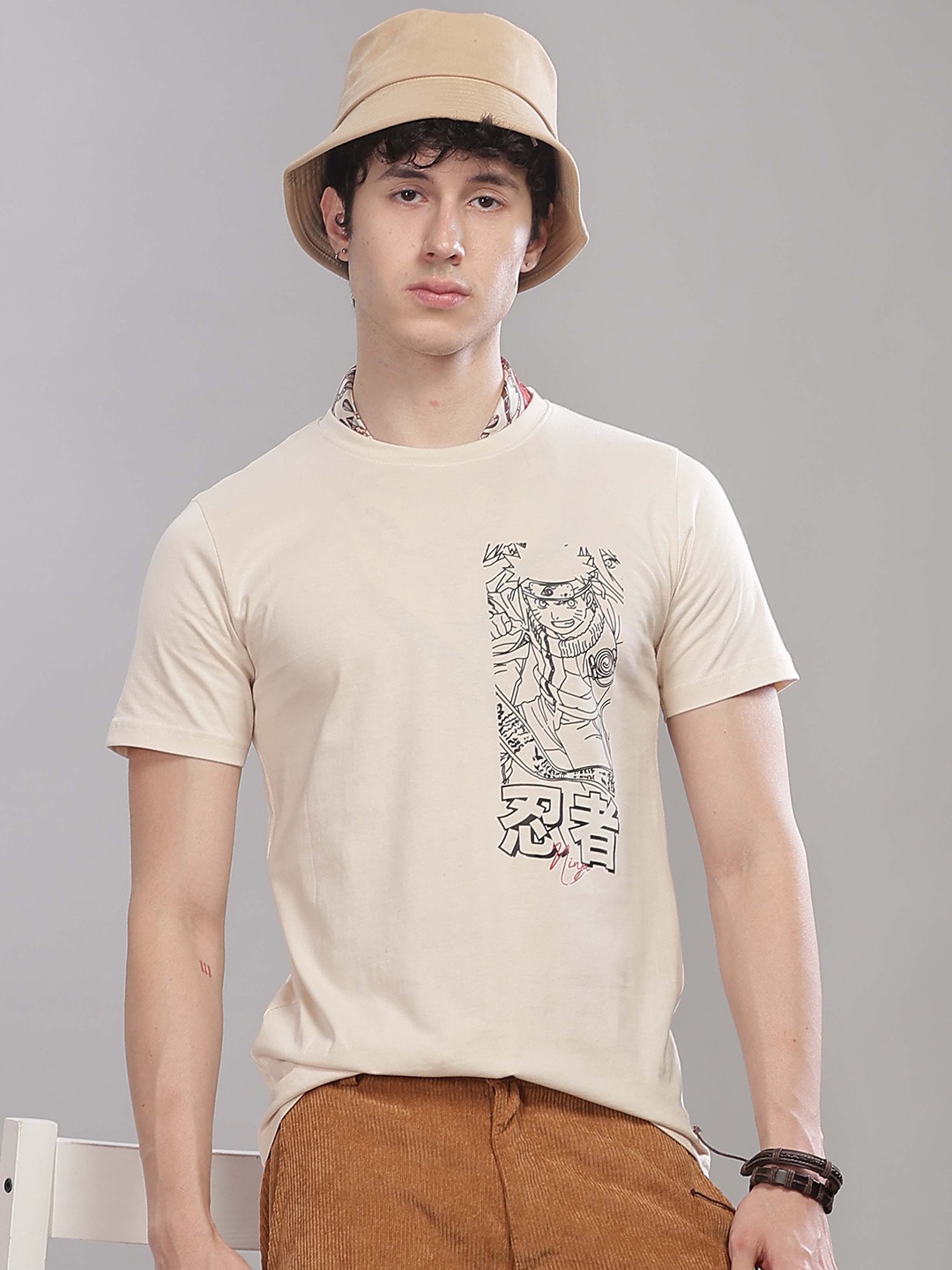 

TOMHIDDLE Anime Printed Round Neck Cotton T-shirt, Beige