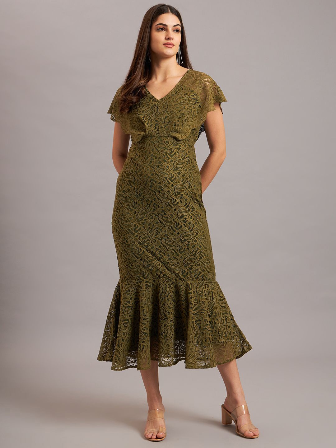 

Eavan Women Embroidered Lace Peplum Midi Dress, Olive