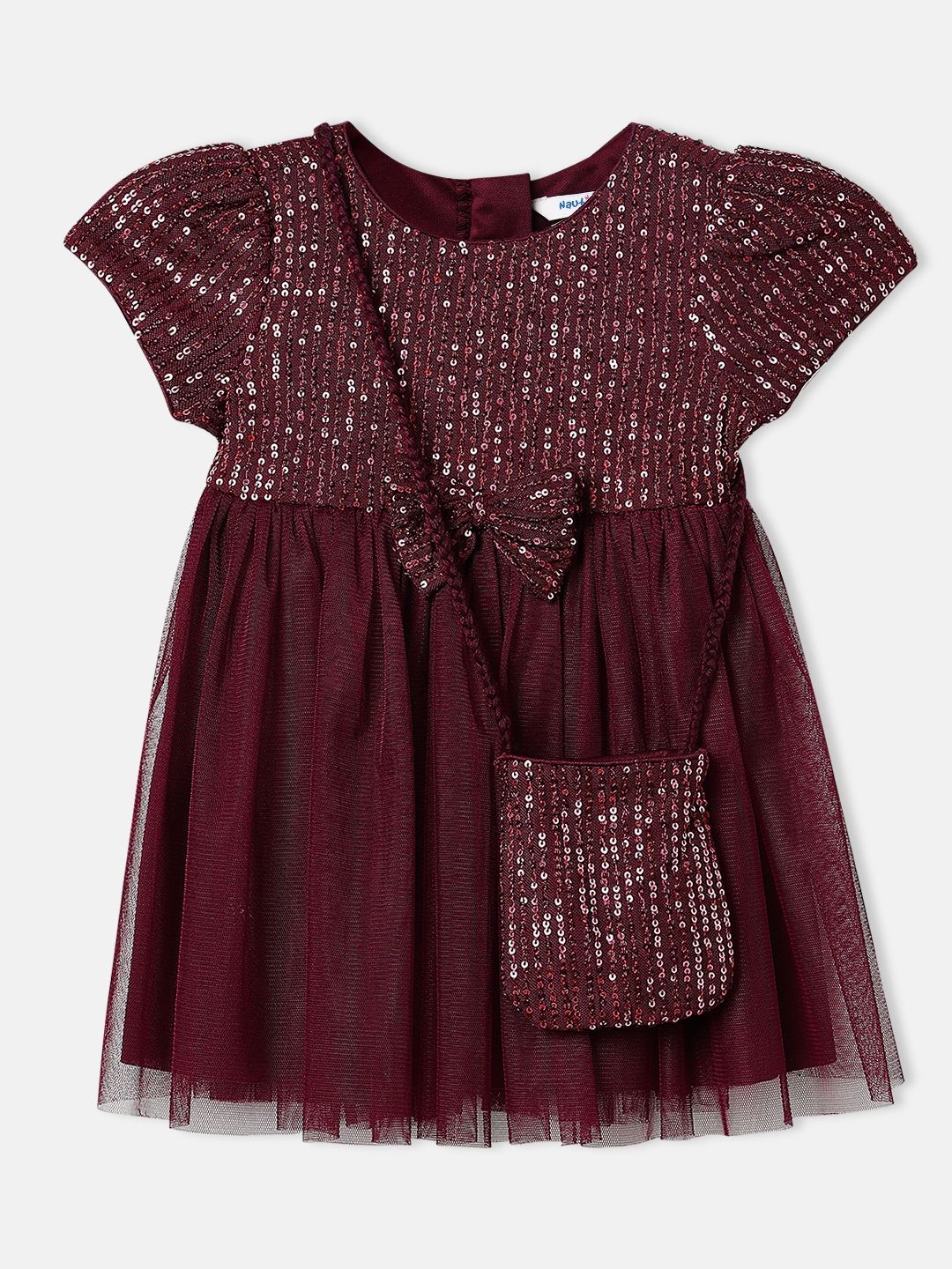 

Nauti Nati Girls Sequinned Fit & Flare with Sling Bag, Maroon