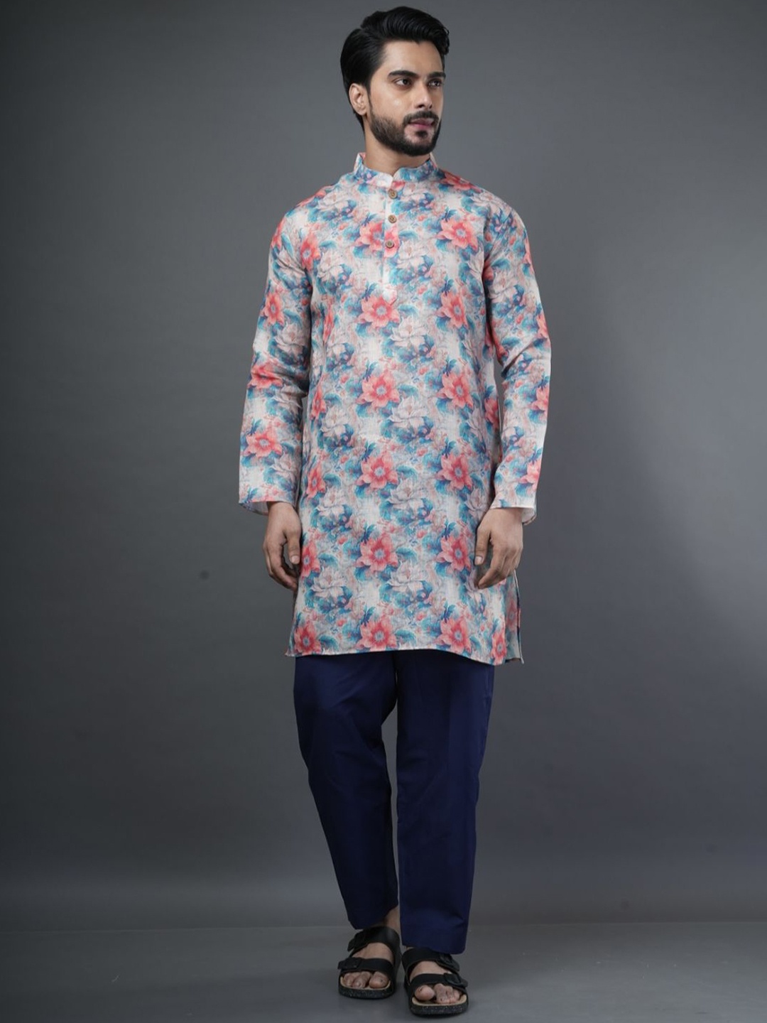 

ARYA Floral Printed Mandarin Collar Linen Straight Kurta, White