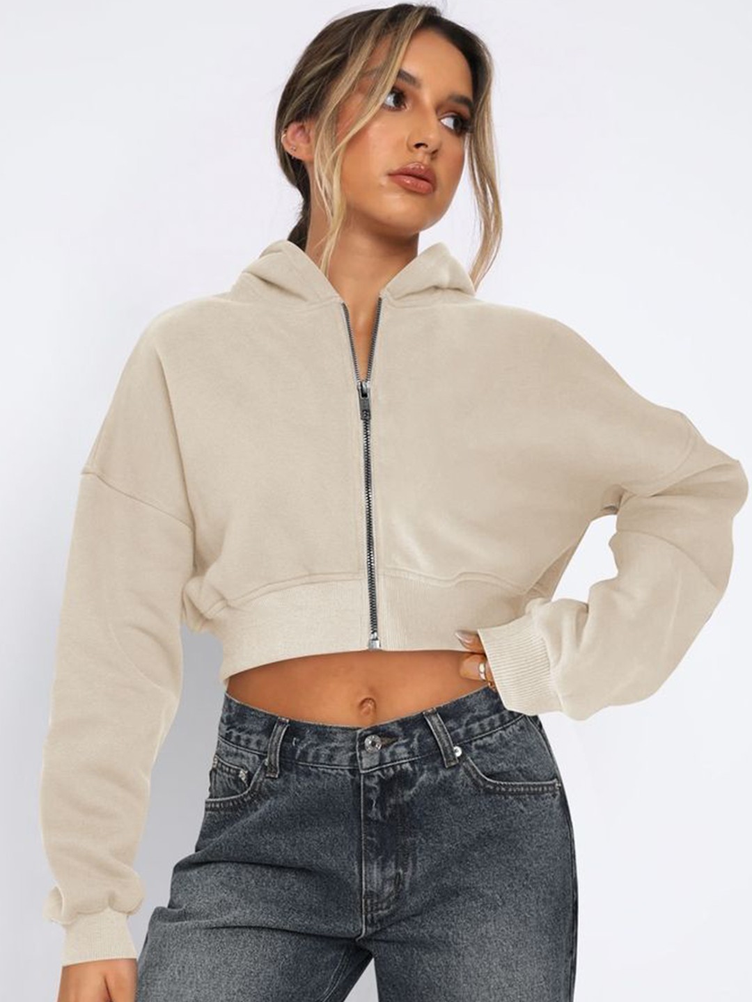 

LULU & SKY Women Full Sleeve Front Zipper Hoodie Crop, Beige