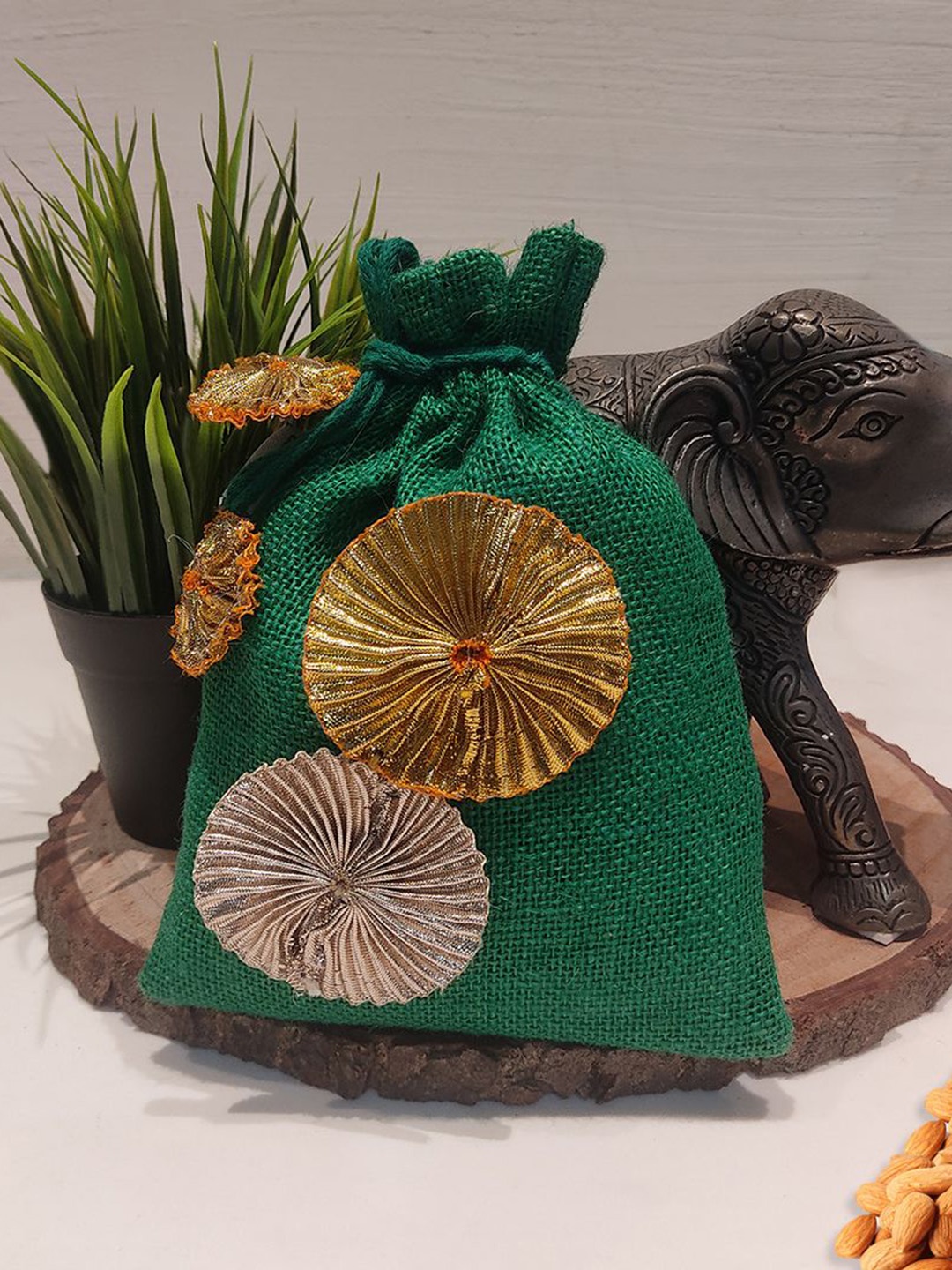 

earthbags Ethnic Motifs Embellished Handheld Bag, Green