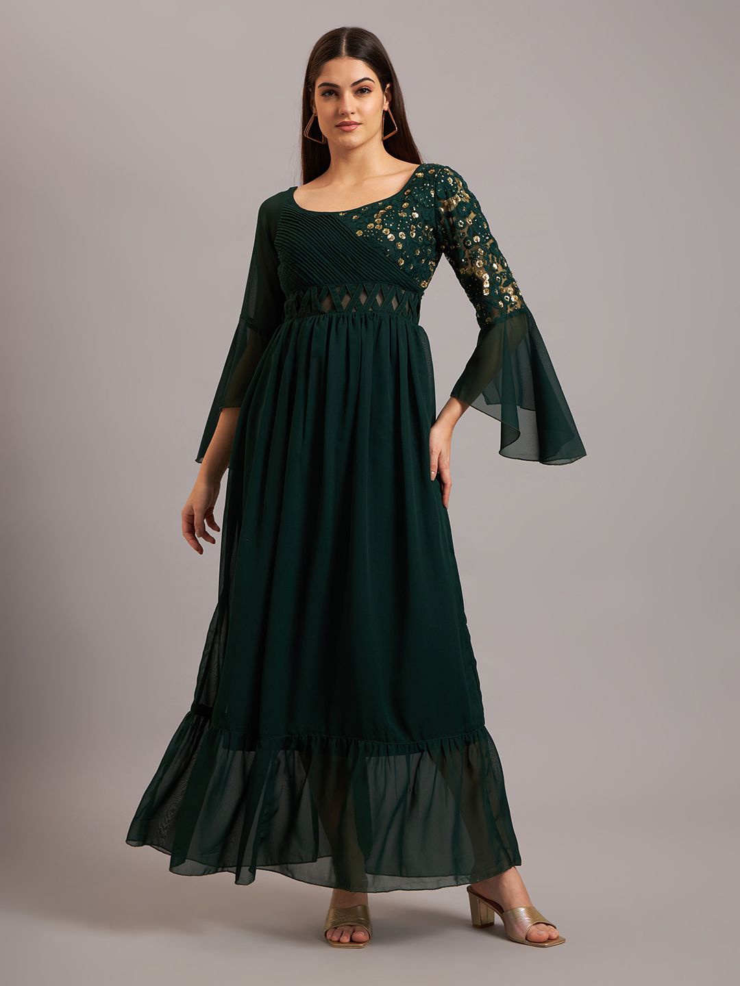 

Eavan Georgette Embellished Round Neck Bell Sleeves Fit & Flare Maxi Dress, Green