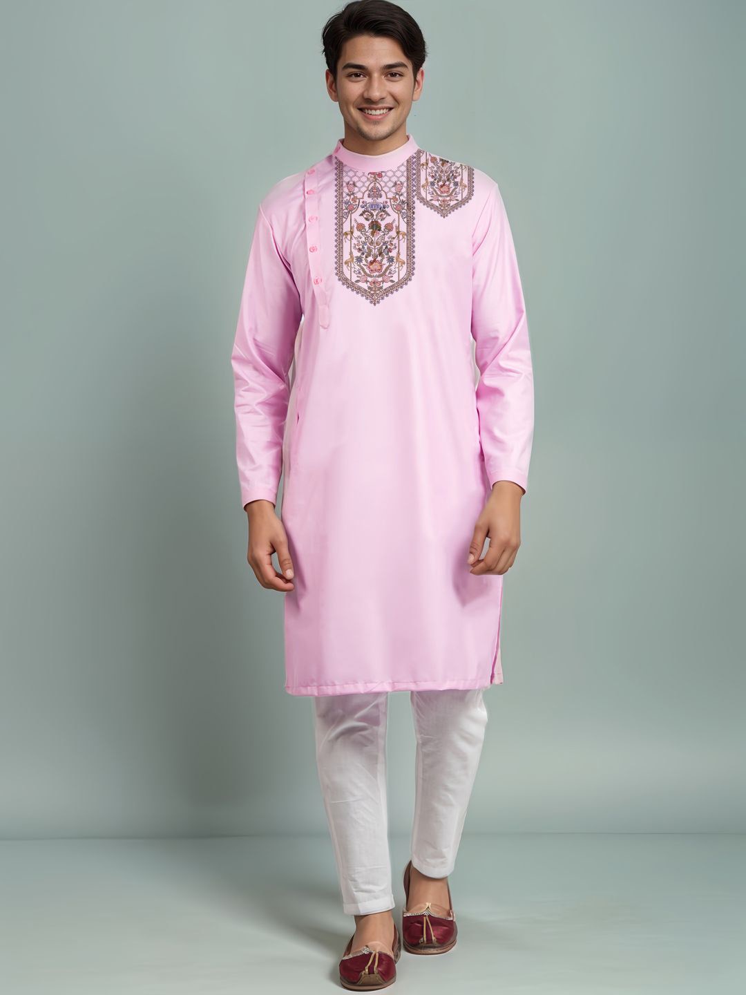 

DEVOILER Band Collar Ethnic Motifs Printed Straight Cotton Kurta, Pink