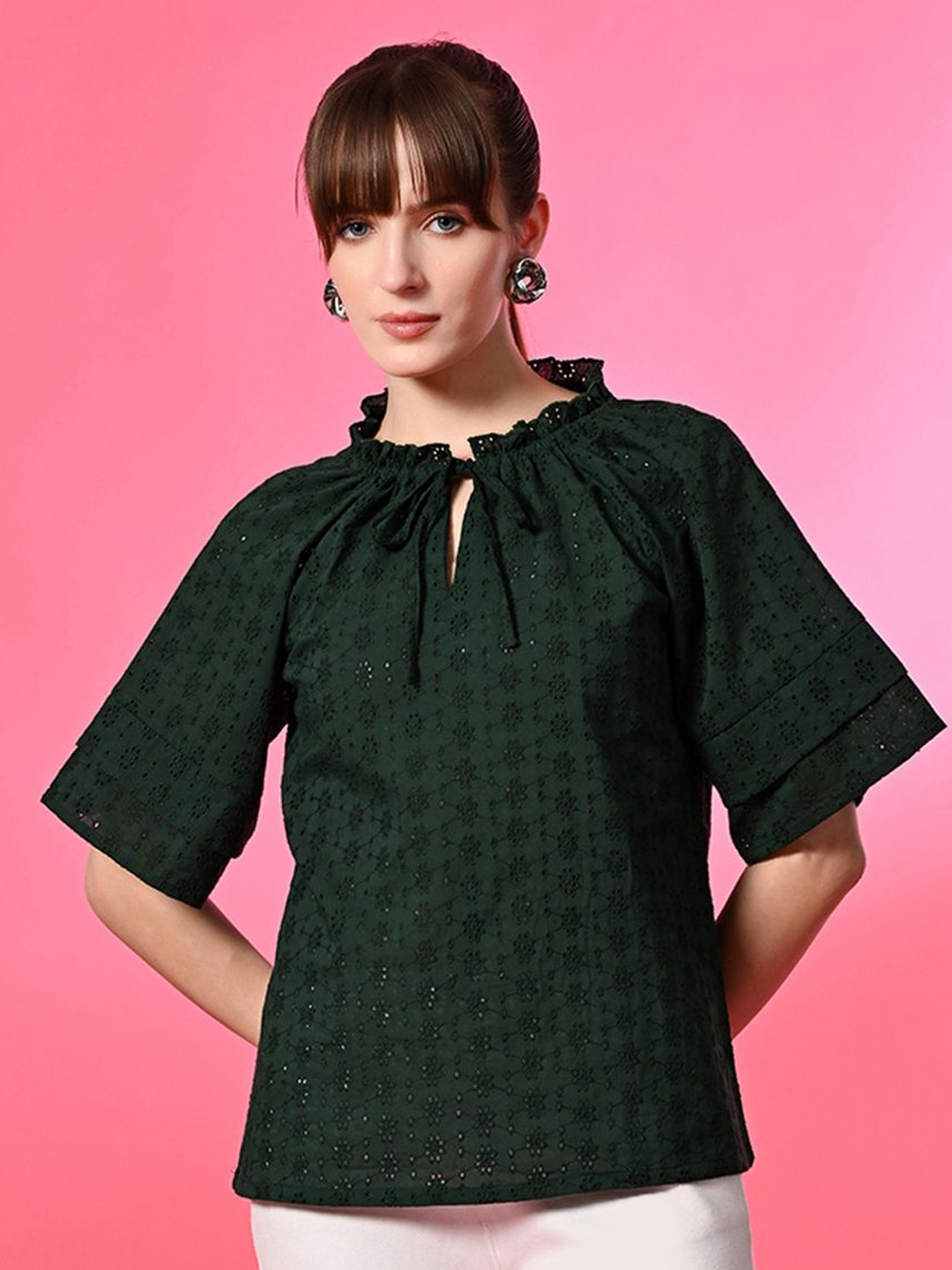 

PRETTY LOVING THING Self Design Cotton Raglan Keyhole Neck Sleeves Short Sleeves Top, Green