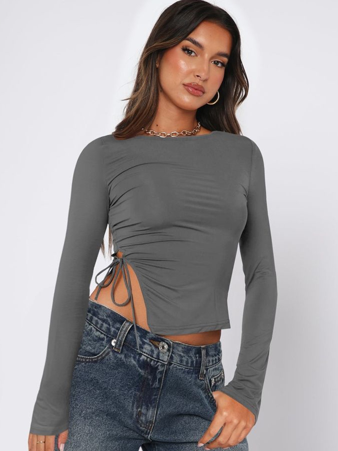

LULU & SKY Women Round Neck Long Sleeves Crop Top, Grey