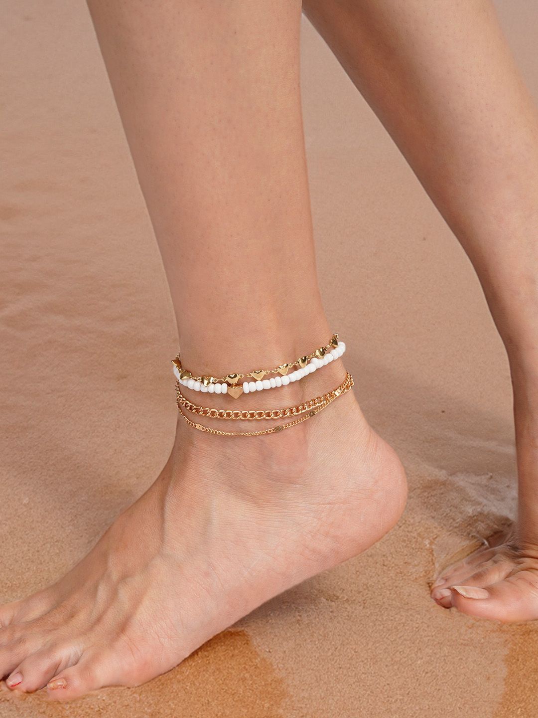 

JOKER & WITCH Set Of 4 Silver-Plated Stone Studded & Beaded Anklets, Gold