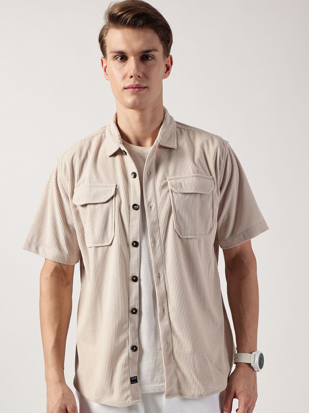

Thomas Scott Men Premium Corduroy Oversized Casual Shirt, Beige