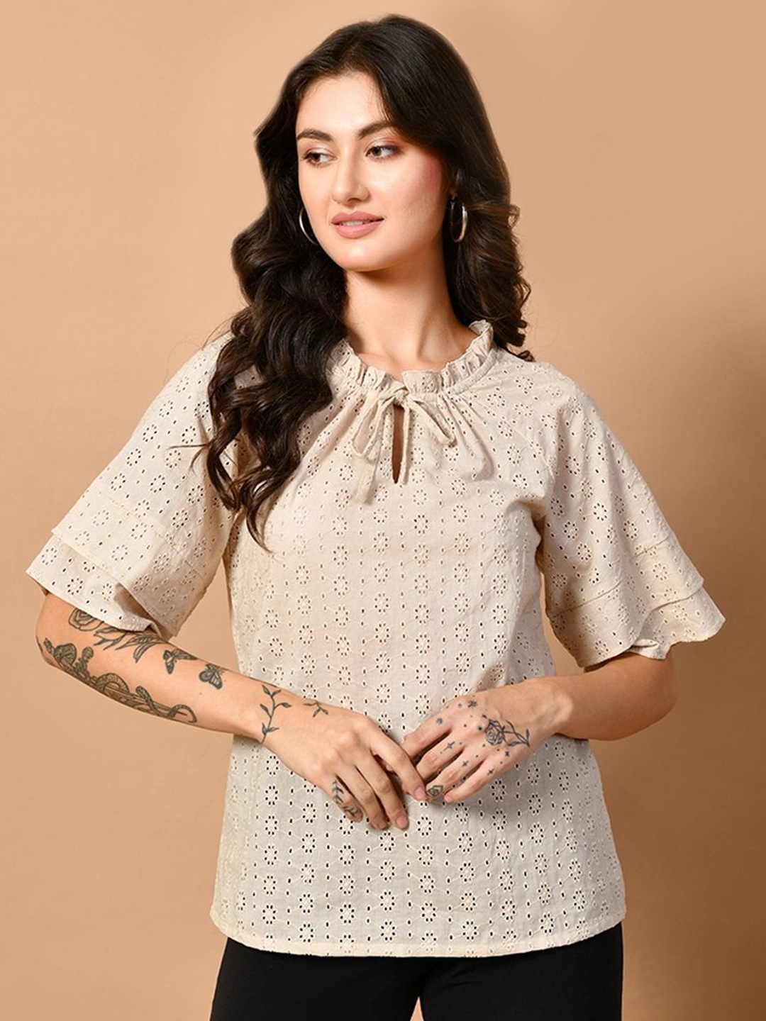

PRETTY LOVING THING Women Cotton Schiffli Tie-Up Neck Short Sleeves Tops, Beige