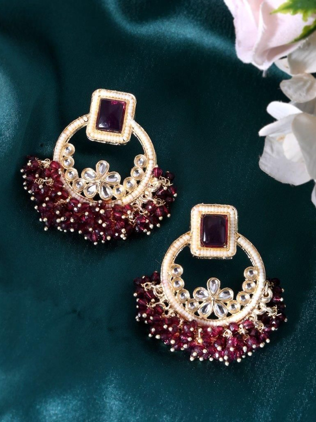 

VOJ Gold-Plated Stainless Steel Geometric Stone Studded & Beaded Drop Earrings