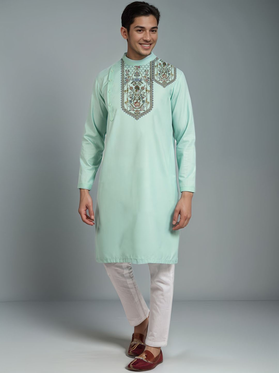 

DEVOILER Band Collar Ethnic Motifs Printed Straight Cotton Kurta, Green