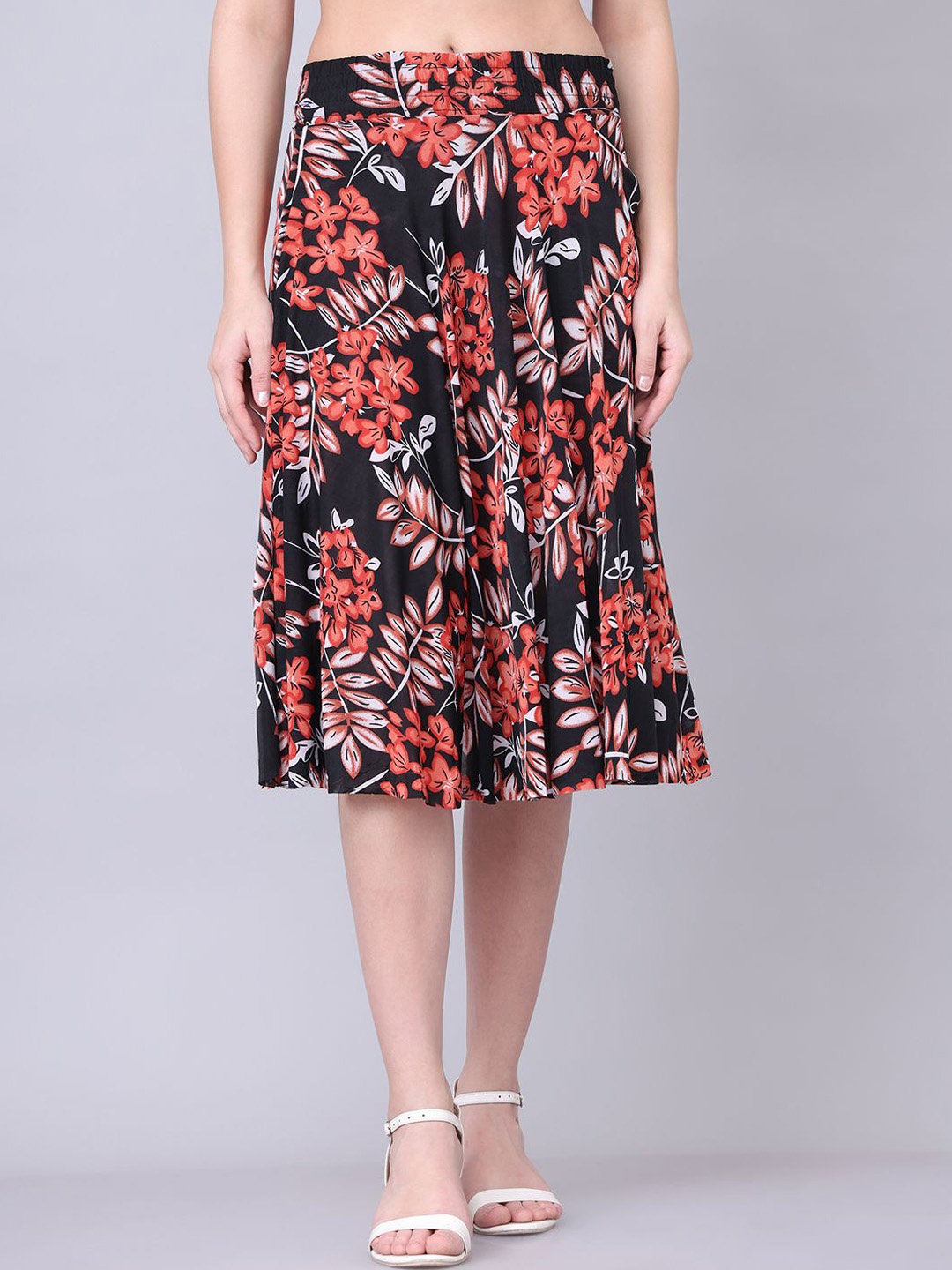 

GRACIT Floral Printed Flared Midi Skirt, Orange