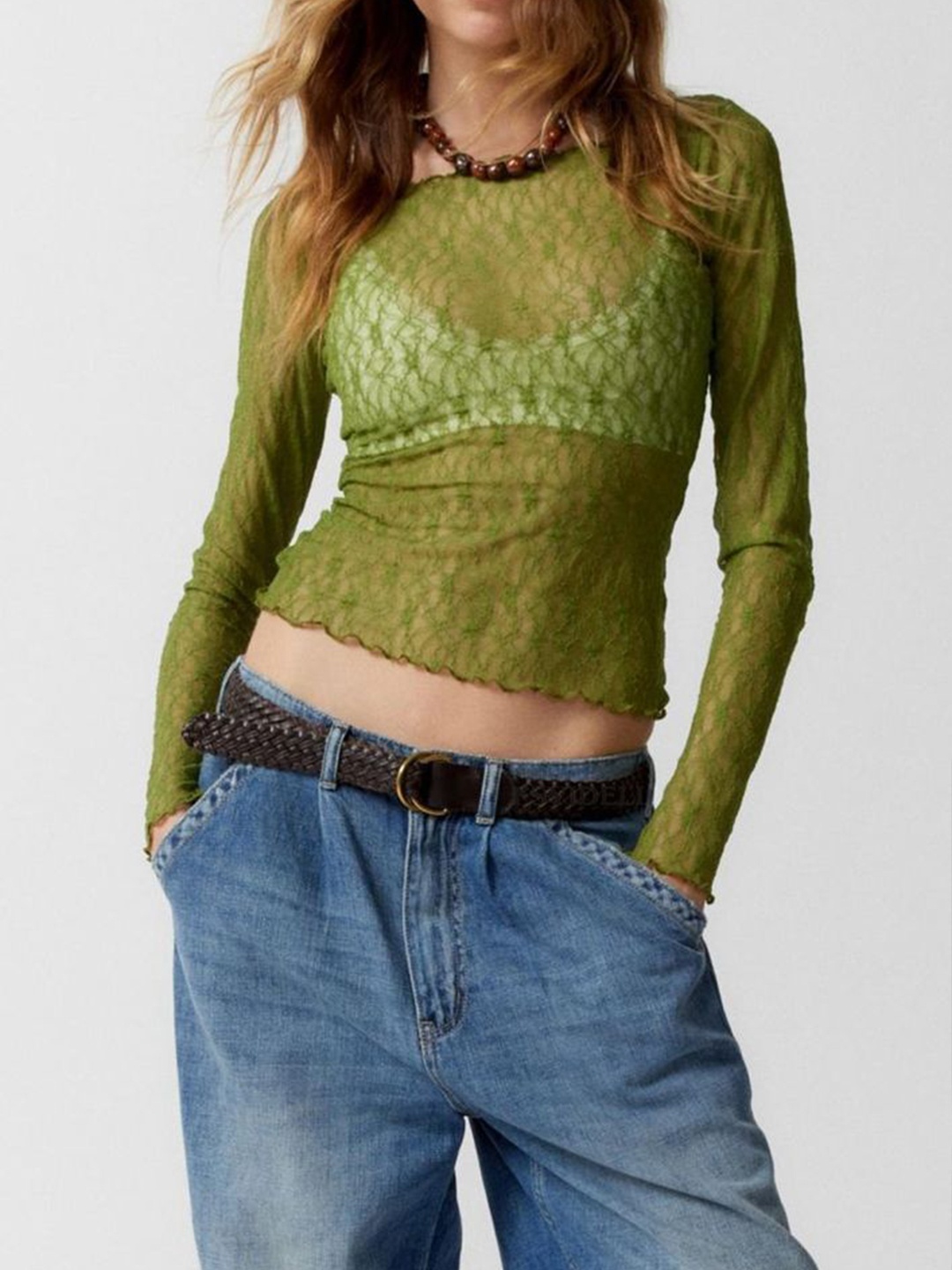 

LULU & SKY Women Fitted Sheer Crop Top, Green