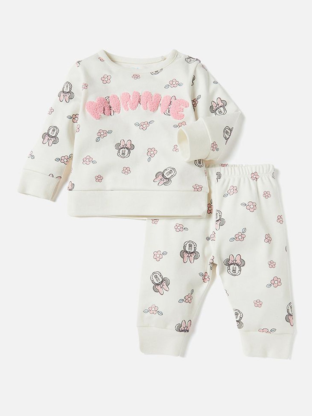 

Juniors by Babyshop Girls Pure Cotton Minnie Printed T-Shirt & Pyjama, Off white