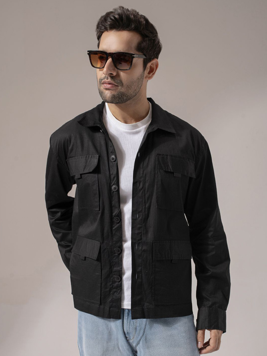 

Perch Men Black Solid Four Pocket Shacket