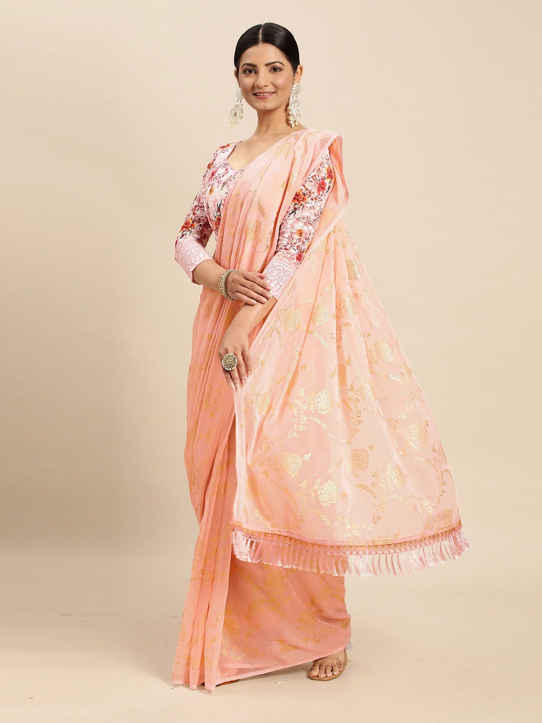 

DIVASTRI Floral Woven Design Pure Chiffon Saree, Pink