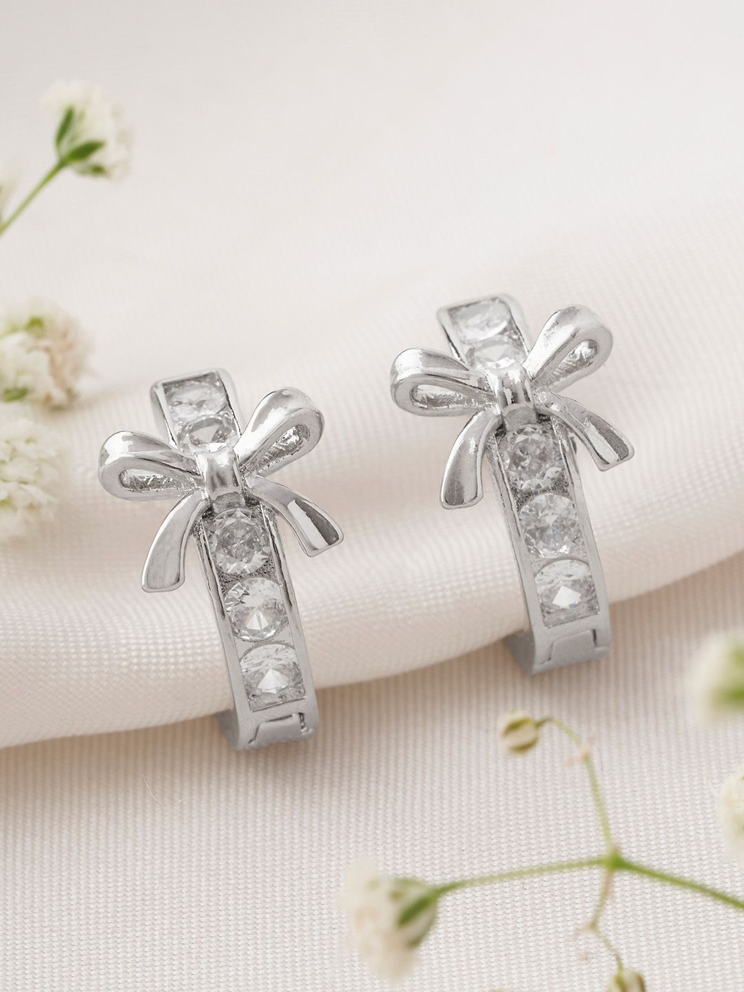 

JOKER & WITCH Ellaine Bow Silver Plated Stone Studded Geometric Hoop Earrings