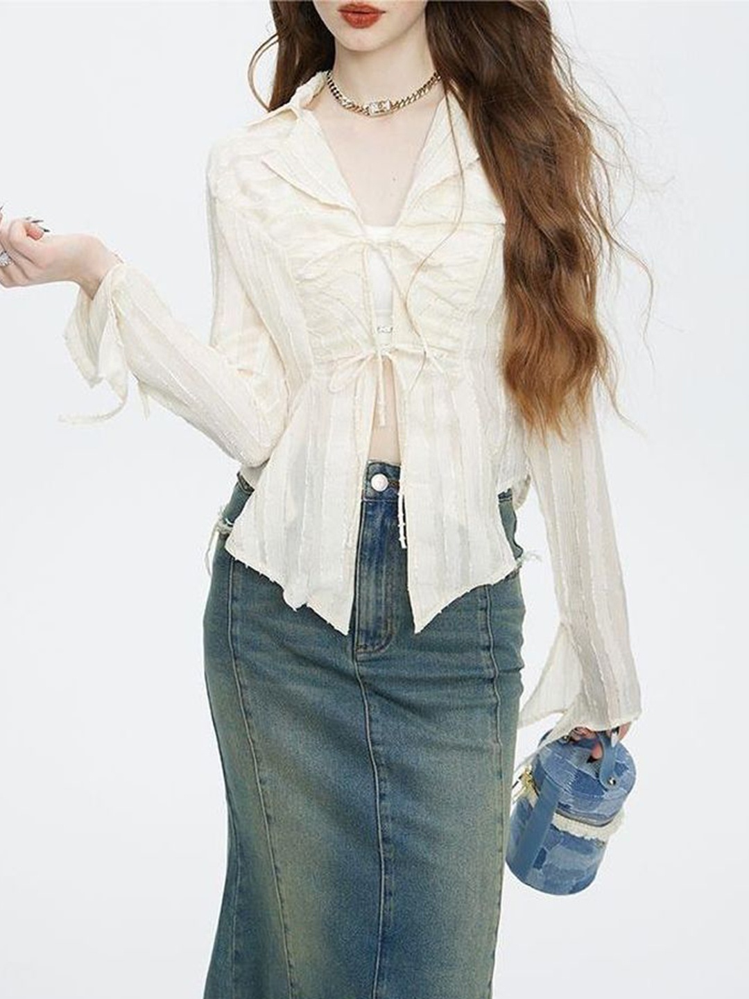 

LULU & SKY Women Tie-Up Neck Bell Sleeve Top, Cream
