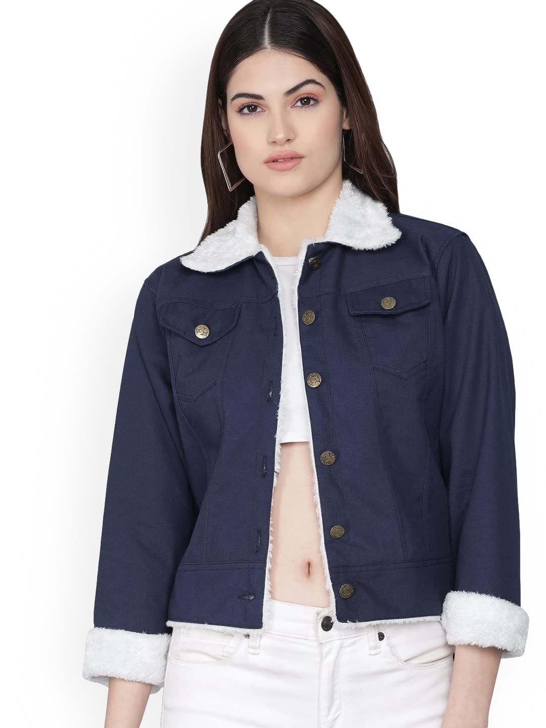 

Funday Fashion Women Spread Collar Solid Cotton Casual Open Front Jacket, Navy blue