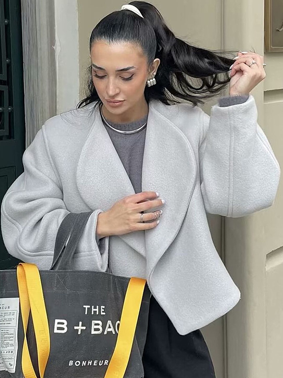 

LULU & SKY Women Collarless Solid Casual Open Front Jacket, Grey