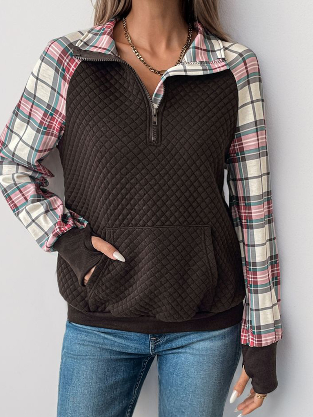 

LULU & SKY Women Check Half Zip Placket Pullover Sweatshirt, Brown