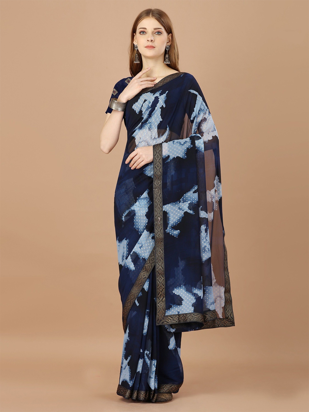

DIVASTRI Ethnic Motifs Printed Beads and Stones Saree, Navy blue