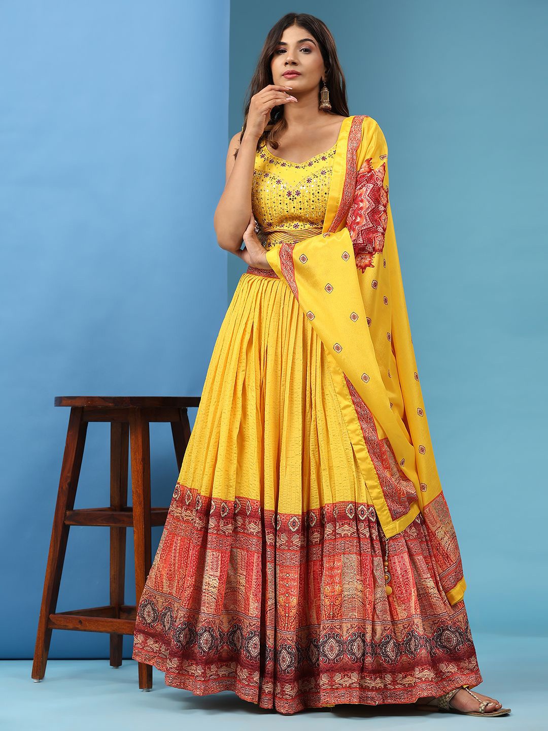 

VANAKARA Embroidered Sequinned Ready to Wear Lehenga & Blouse With Dupatta, Yellow
